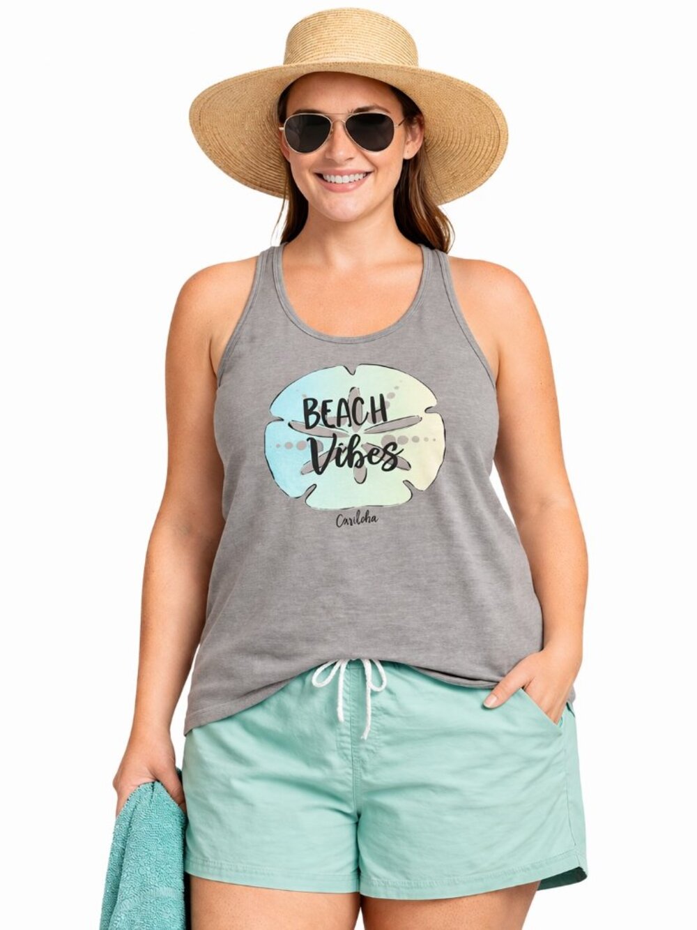 Cariloha Gray Bamboo Blend Beach Vibes Graphic Racerback Tank Top Womens NWT